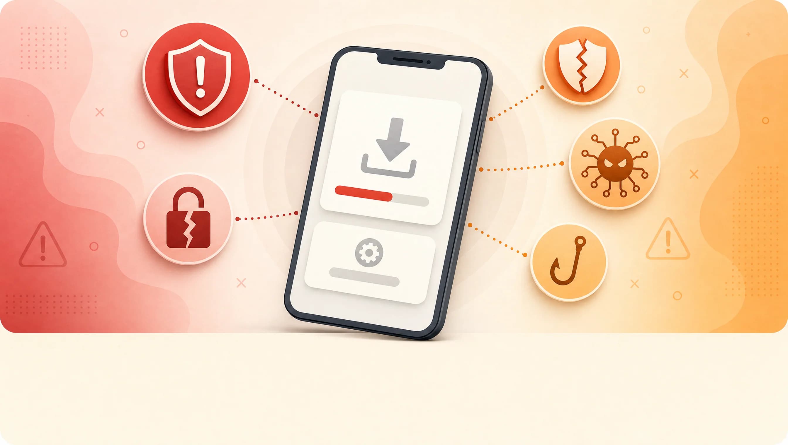 CapCut Pro APK Mod cảnh báo rủi ro, 5 icon nguy cơ quanh điện thoại với palette đỏ cam, dialog tải app không có text
