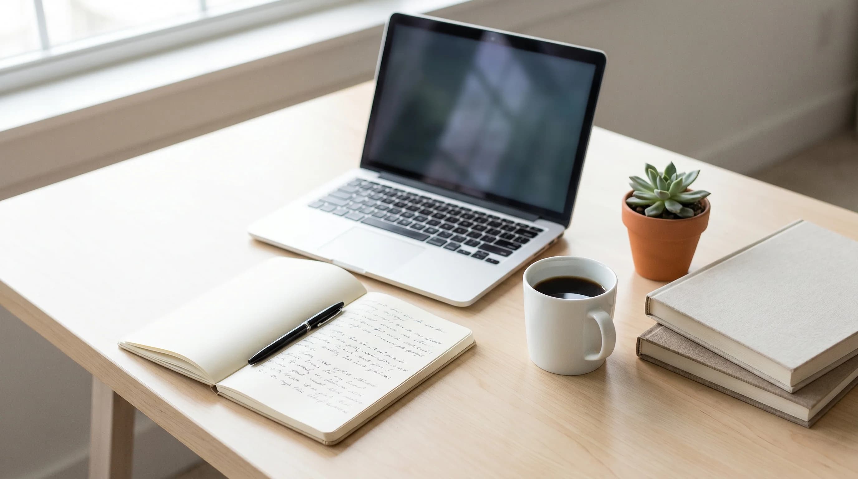 Góc học ngôn ngữ với laptop, tách cà phê, sổ ghi chú và cây xanh, minh họa học theo lộ trình với app Busuu