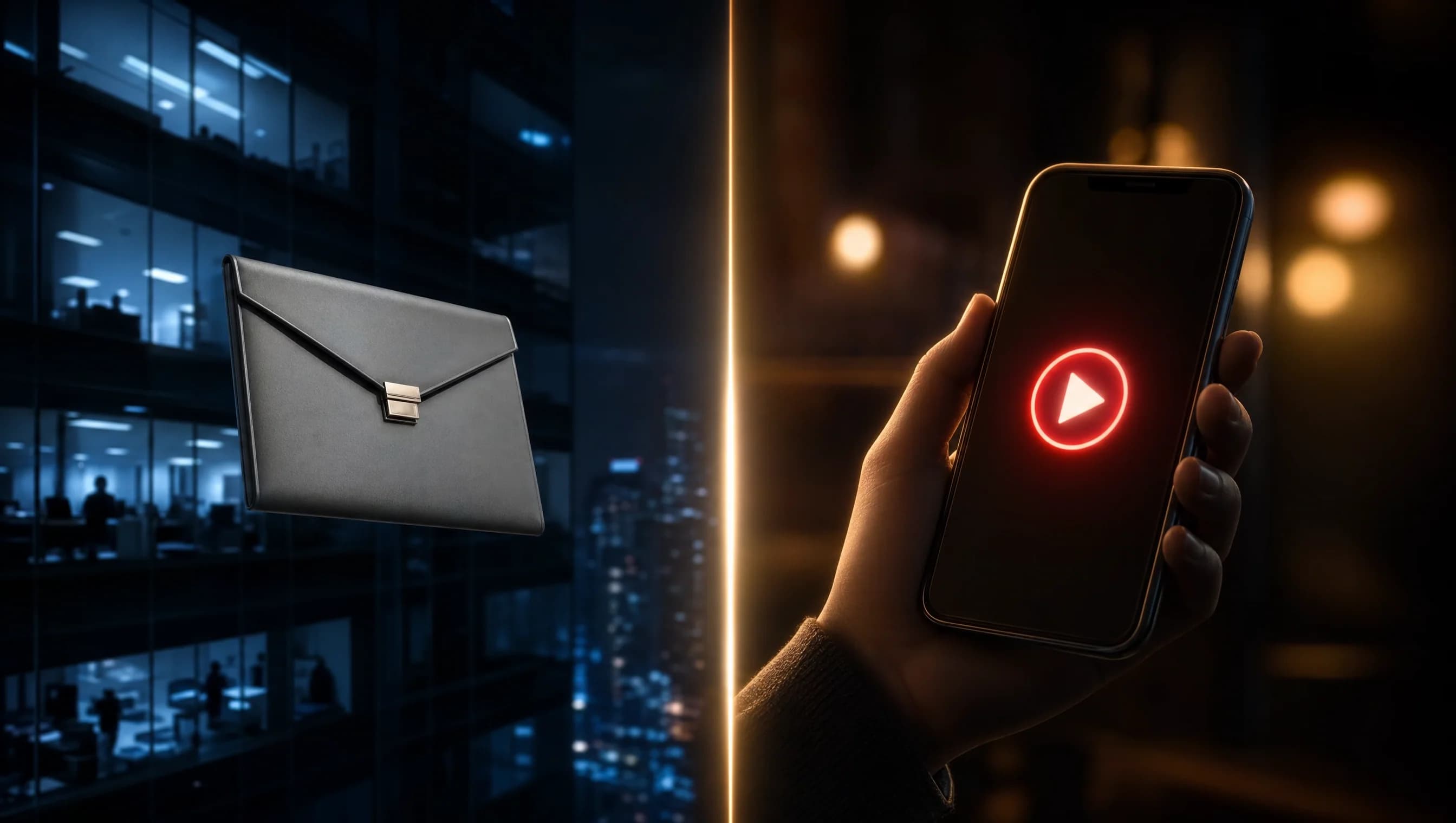 Tòa nhà văn phòng và tay cầm điện thoại có nút phát, minh họa email công ty với YouTube Premium