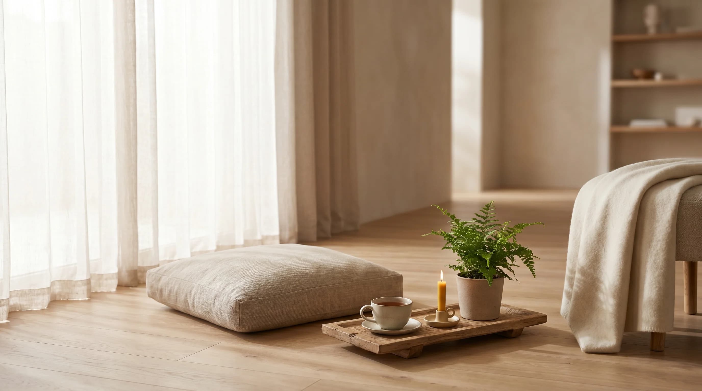Góc ngồi thiền yên bình cạnh cửa sổ sáng dịu với đệm ngồi, cây xanh và tách trà, minh họa thư giãn với app thiền