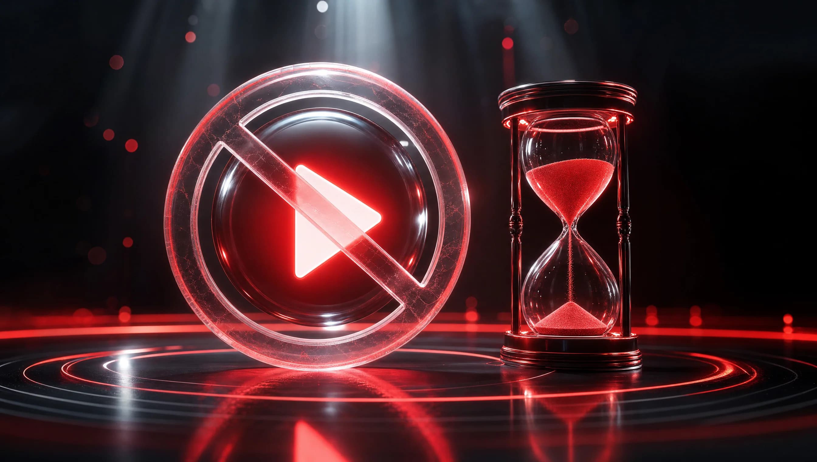 Nút phát bị gạch chéo cạnh đồng hồ cát đang chảy, minh họa huỷ YouTube Premium vẫn dùng hết chu kỳ