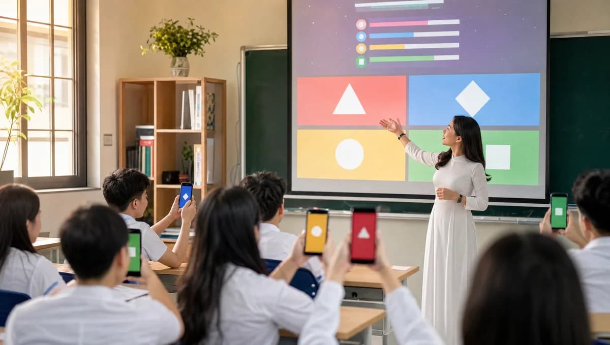 Giáo viên dùng Kahoot dạy học, máy chiếu hiện quiz bốn đáp án màu, học sinh trả lời trên điện thoại