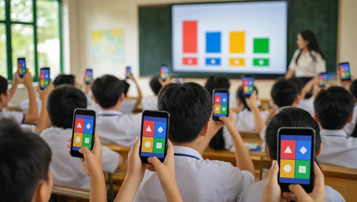 Lớp học dùng Kahoot trên điện thoại với bốn nút đáp án màu, minh họa bản miễn phí và giới hạn người chơi