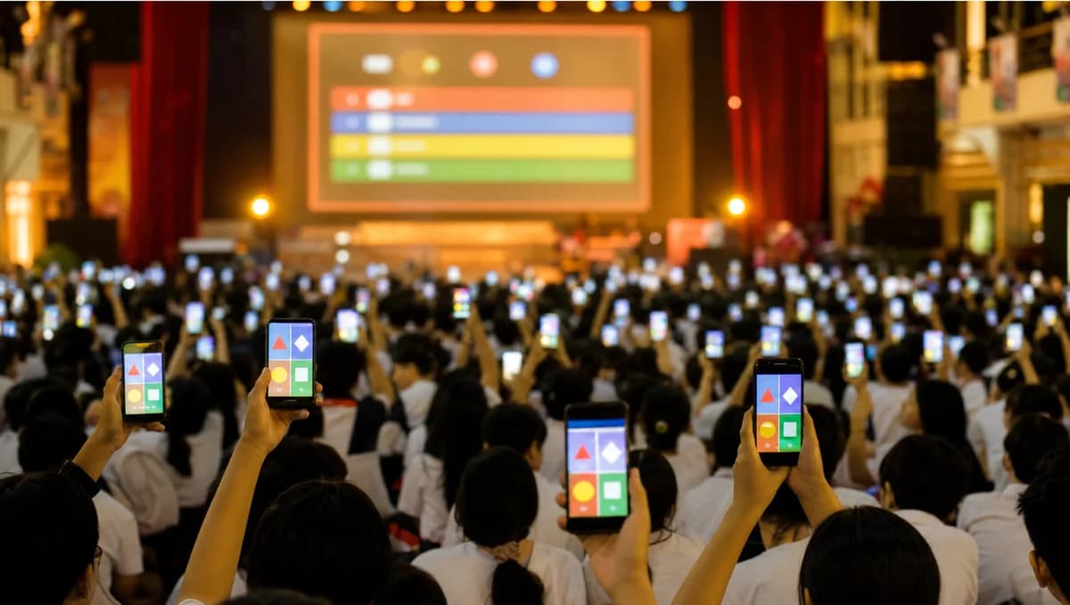 Sự kiện trường học đông người chơi Kahoot trên điện thoại, minh họa giới hạn người chơi theo gói