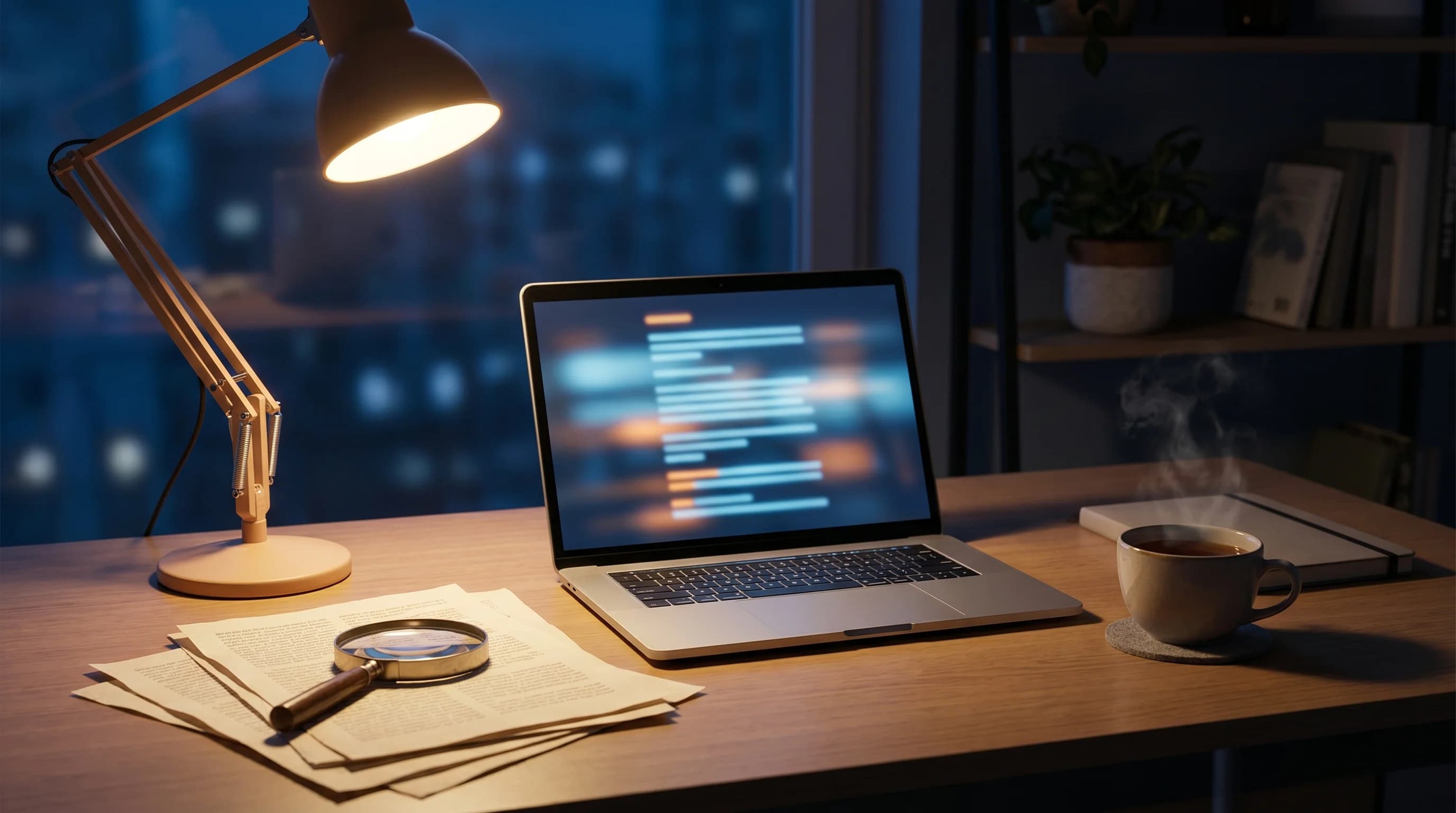 Bàn học đêm khuya với laptop, kính lúp và giấy, minh họa soi lại bài luận trước khi nộp