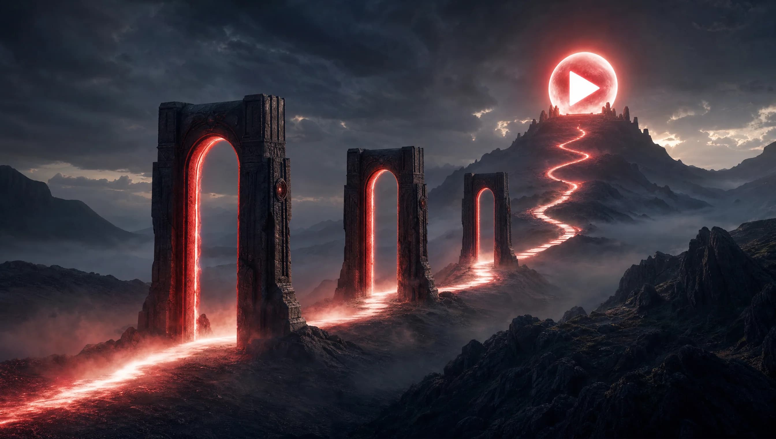 Con đường qua ba cổng ải dẫn tới nút phát trên đỉnh núi, minh họa ba cửa ải khi mua YouTube Premium giá nước khác