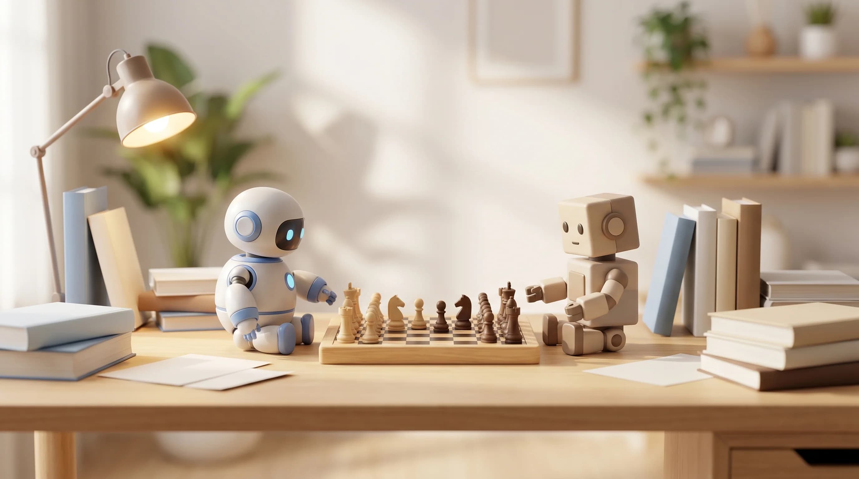 Hai robot nhỏ đấu trí qua bàn cờ trên bàn học đầy sách vở, minh họa cuộc chiến QuillBot và Turnitin