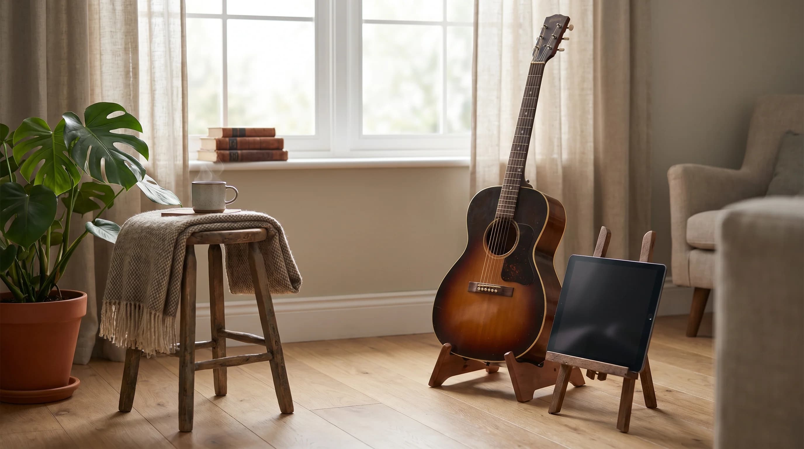 Góc tự học đàn tại nhà với guitar acoustic và máy tính bảng đặt trên giá nhạc cạnh cửa sổ sáng dịu
