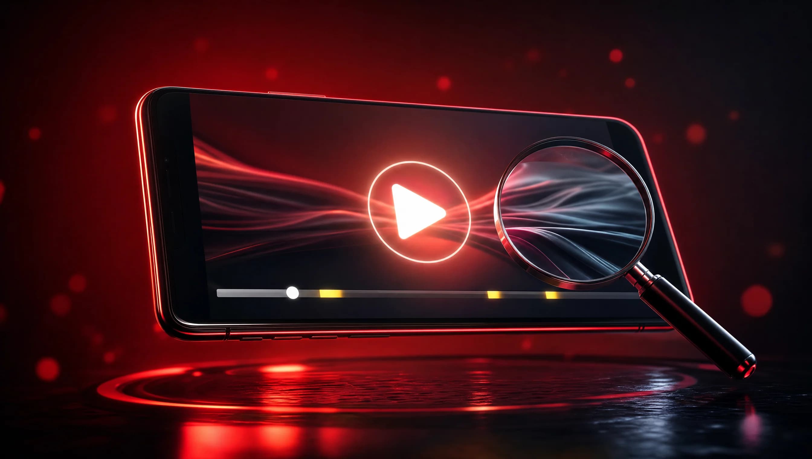 Điện thoại phát video có vạch quảng cáo trên thanh tiến trình và kính lúp kiểm tra, minh họa YouTube Premium vẫn bị quảng cáo