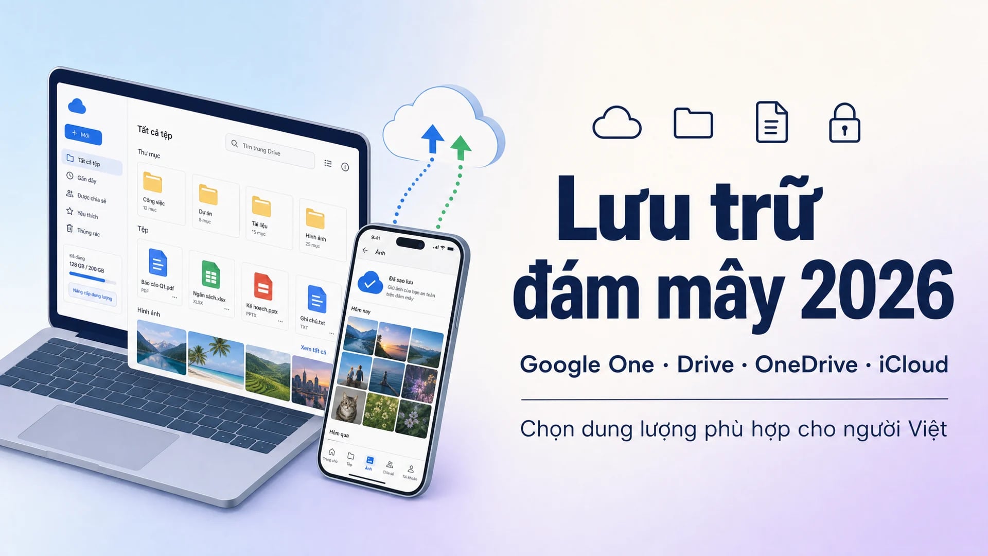 Hình minh hoạ chủ đề Google One, Google Drive và các loại lưu trữ Cloud khác