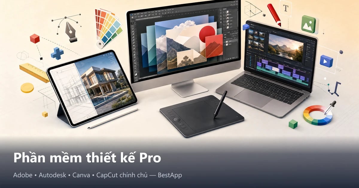 Hình minh hoạ chủ đề Phần mềm thiết kế pro — Adobe, Autodesk, Canva, CapCut