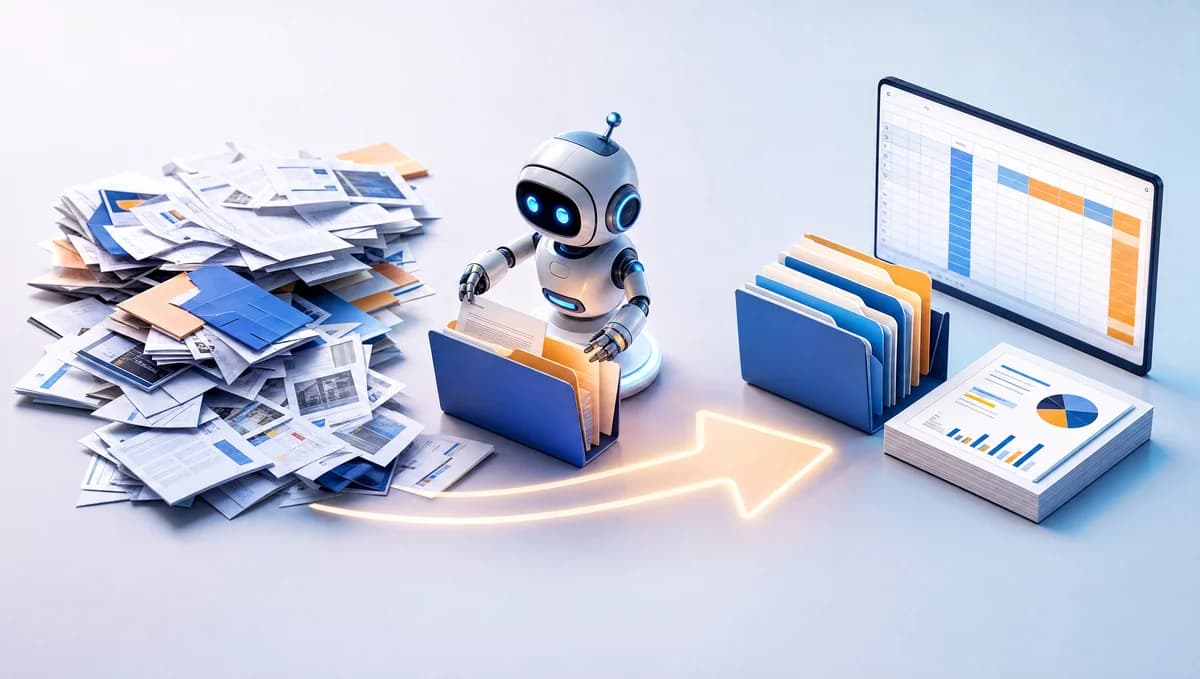 Minh họa Claude Cowork làm việc trên máy tính: tự sắp xếp file lộn xộn thành bảng và báo cáo gọn gàng