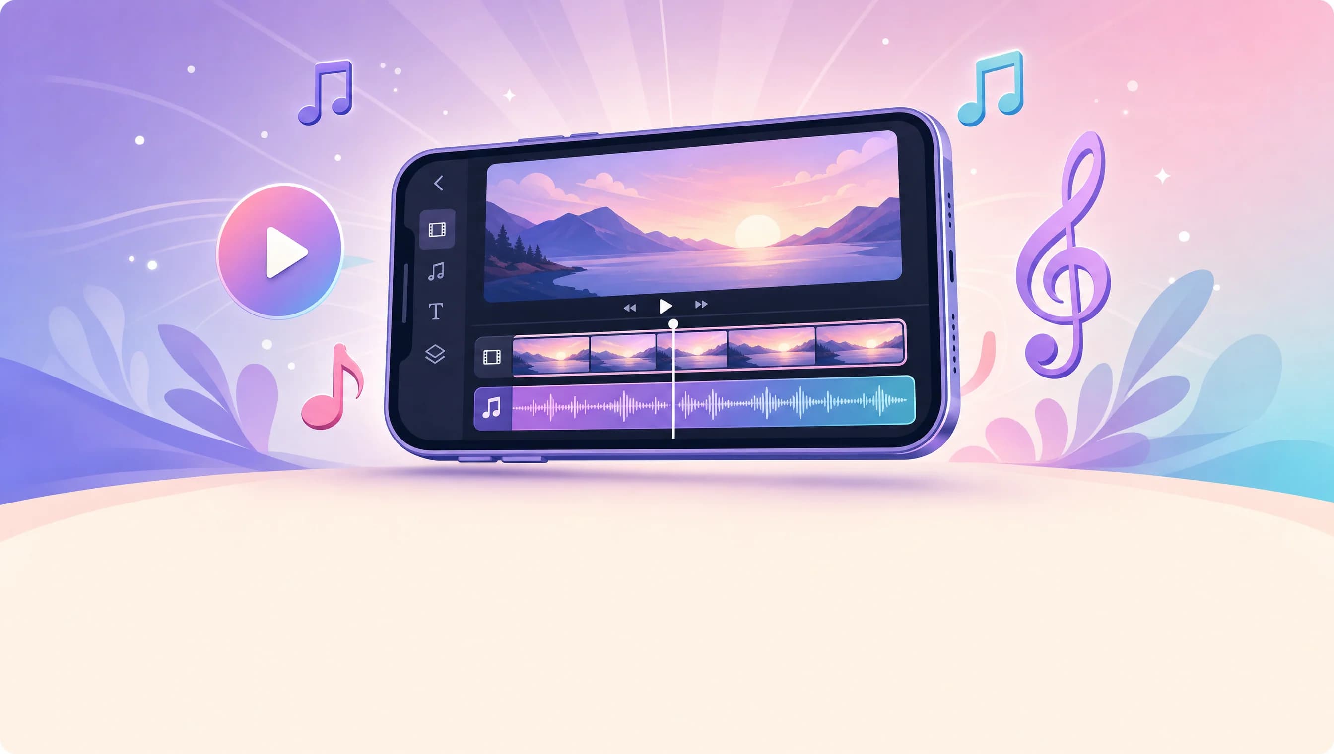 Ghép nhạc vào video bằng CapCut Pro, smartphone hiển thị timeline edit video kèm waveform âm thanh, palette tím hồng cyan