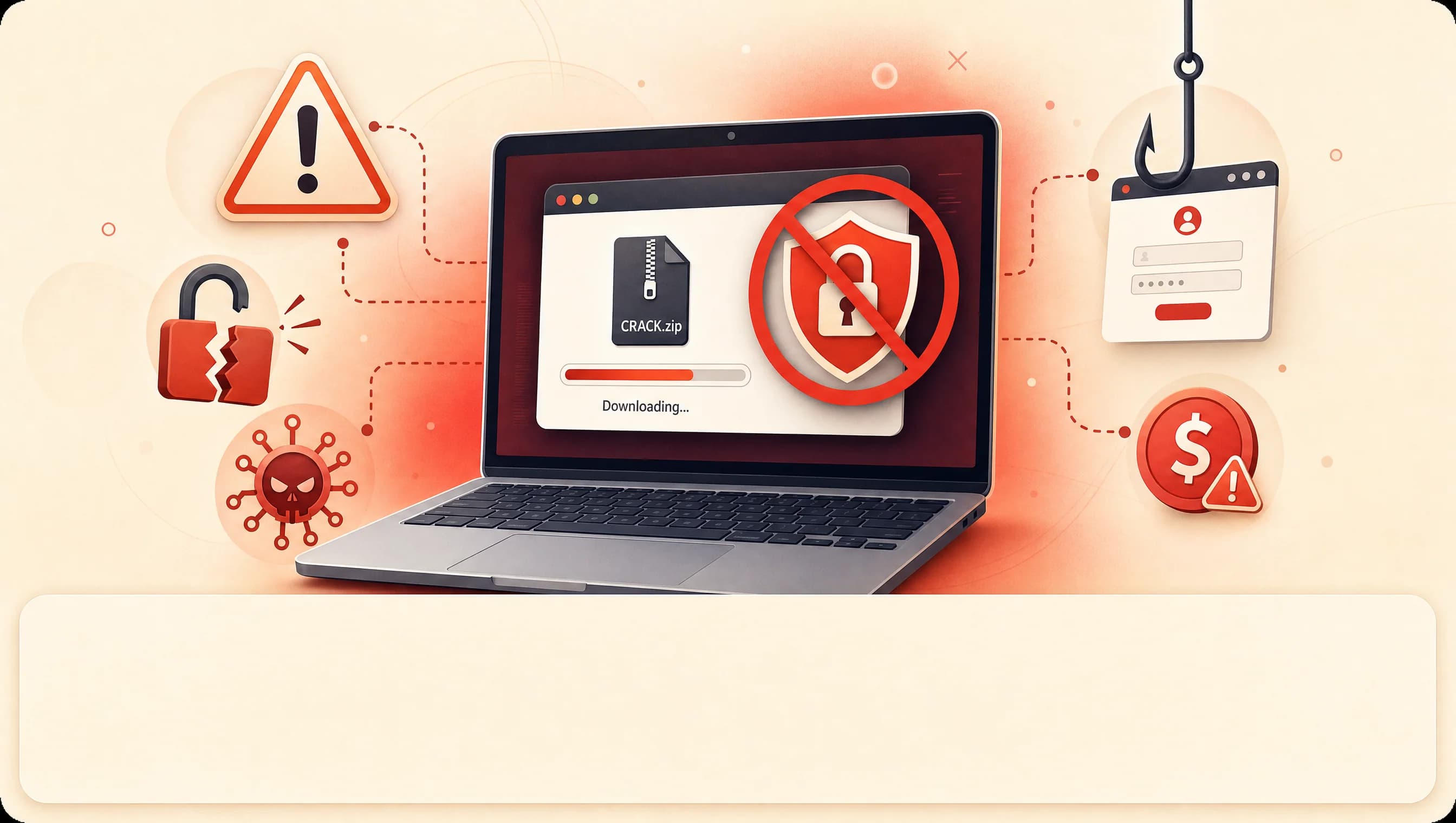 Canva Pro Crack cảnh báo rủi ro, laptop hiển thị file CRACK.zip download kèm shield khóa đỏ + 5 icon nguy cơ xung quanh