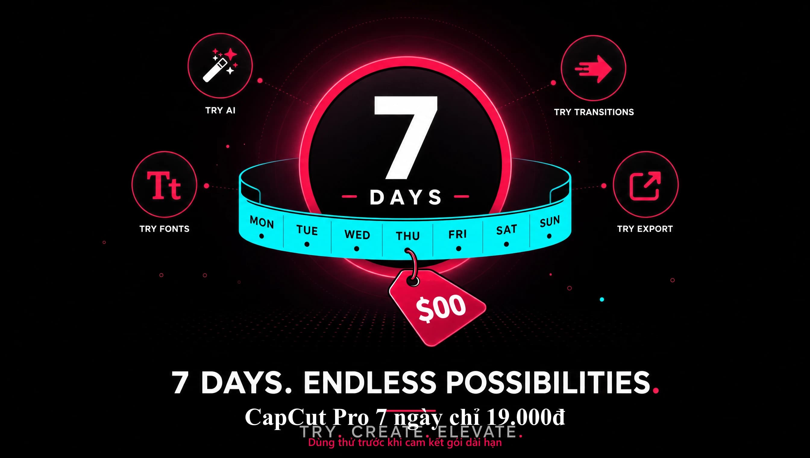 CapCut Pro 7 ngày chỉ 19k: dùng thử trước khi cam kết gói dài hạn
