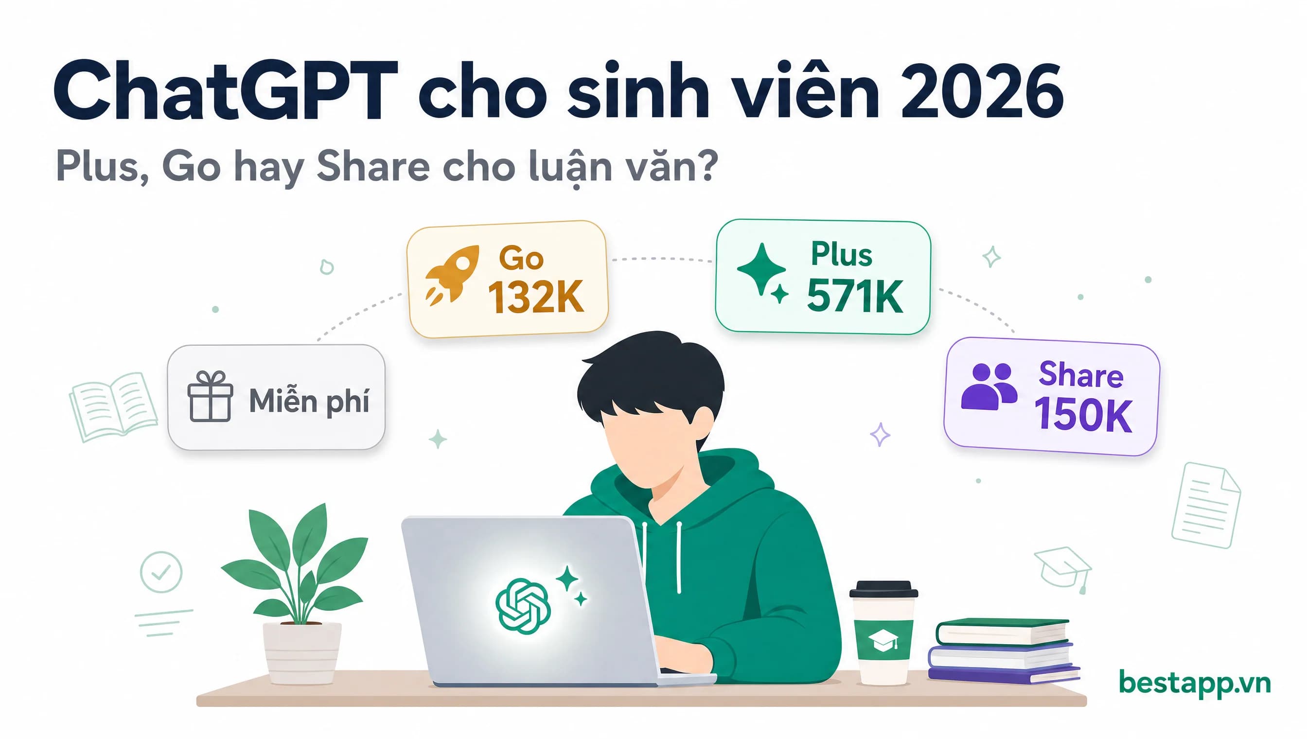 So sánh ChatGPT Plus cho sinh viên 2026: gói Plus 571k direct OpenAI, Go 132k và Plus share 150k qua BestApp cho luận văn nghiên cứu