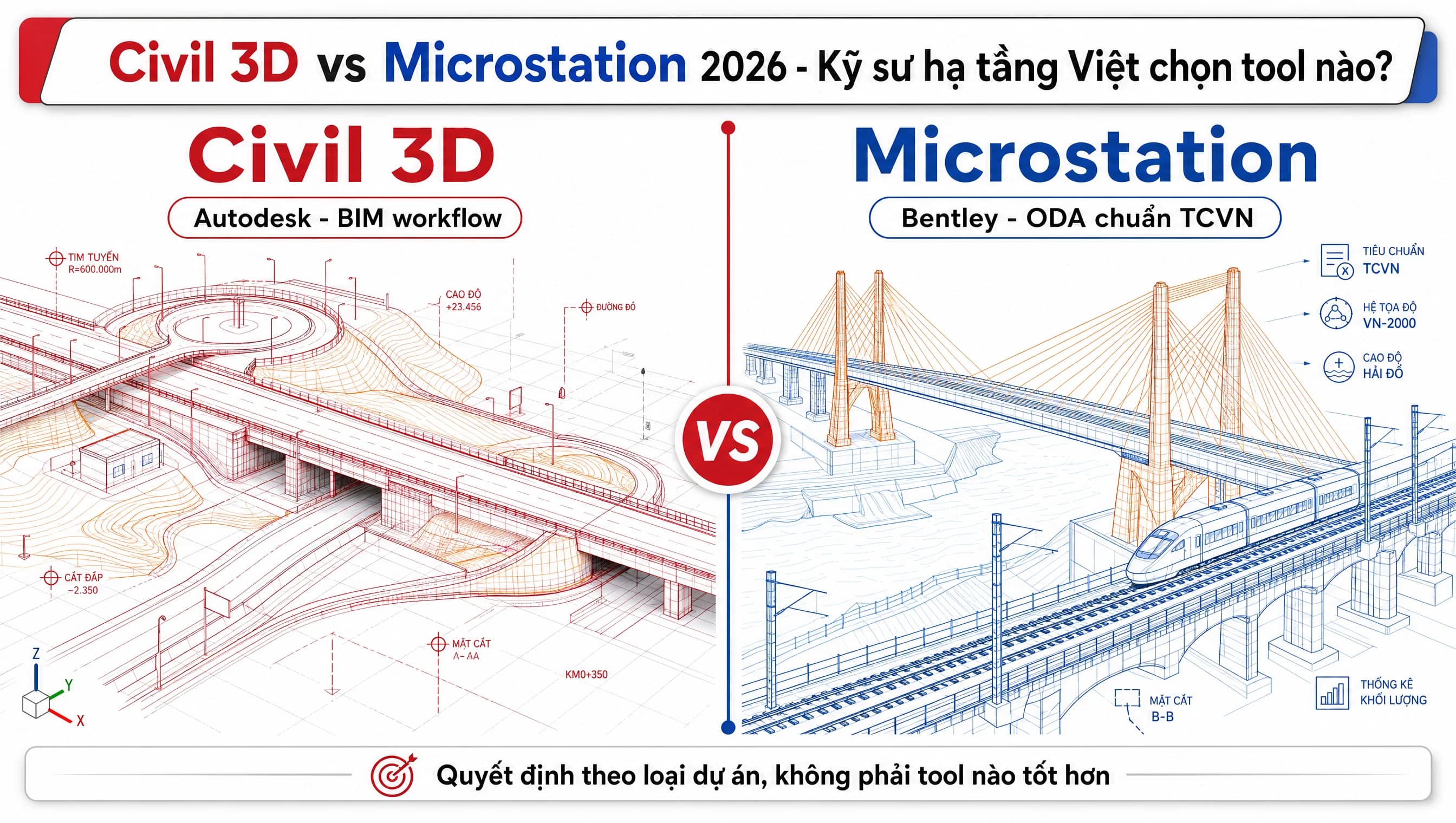 Civil 3D vs Microstation 2026: kỹ sư hạ tầng Việt chọn tool nào theo loại dự án
