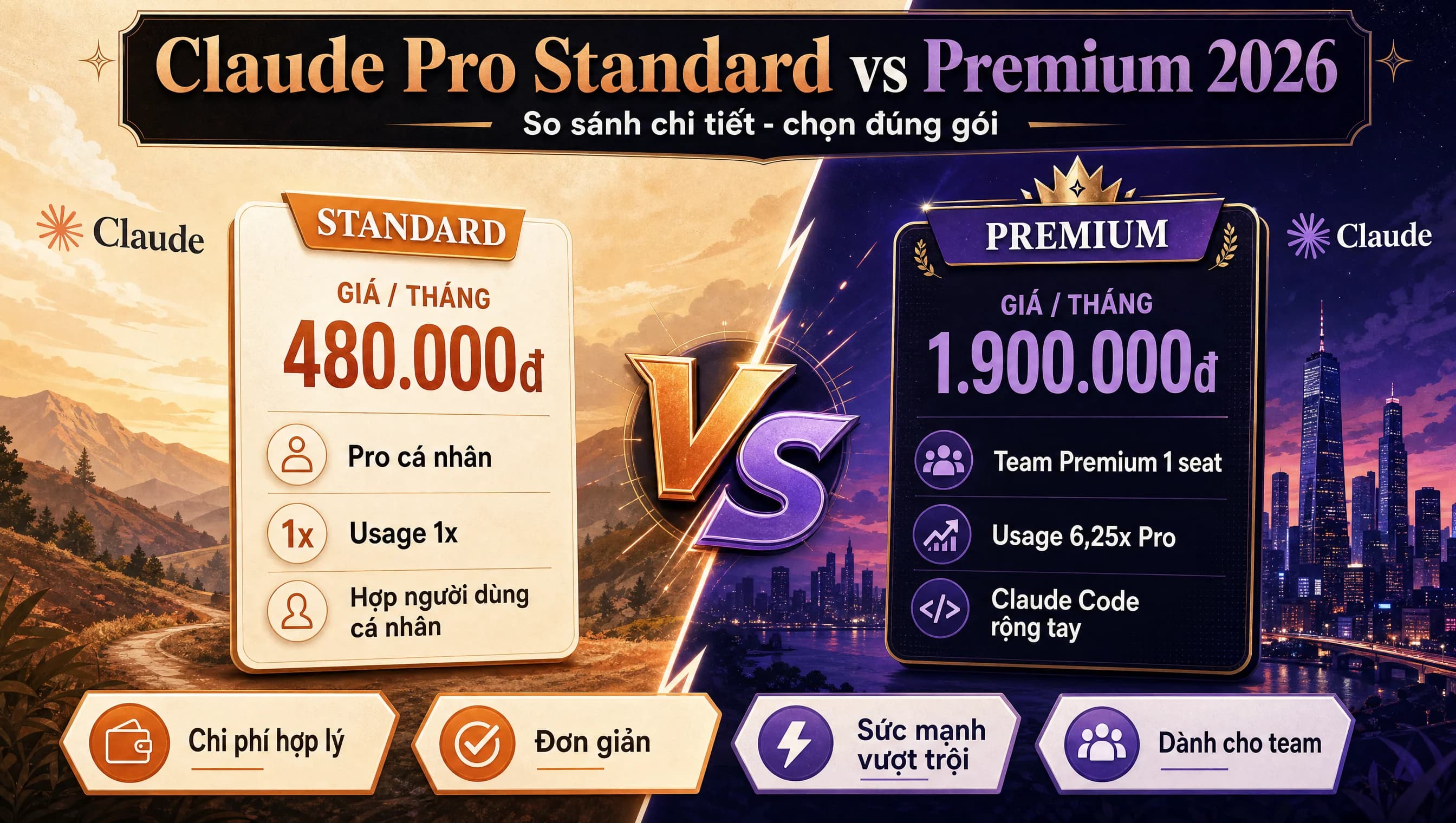 Bảng so sánh Claude Pro Standard vs Premium 2026 usage 6,25x Claude Code mặc định ai nên nâng cấp