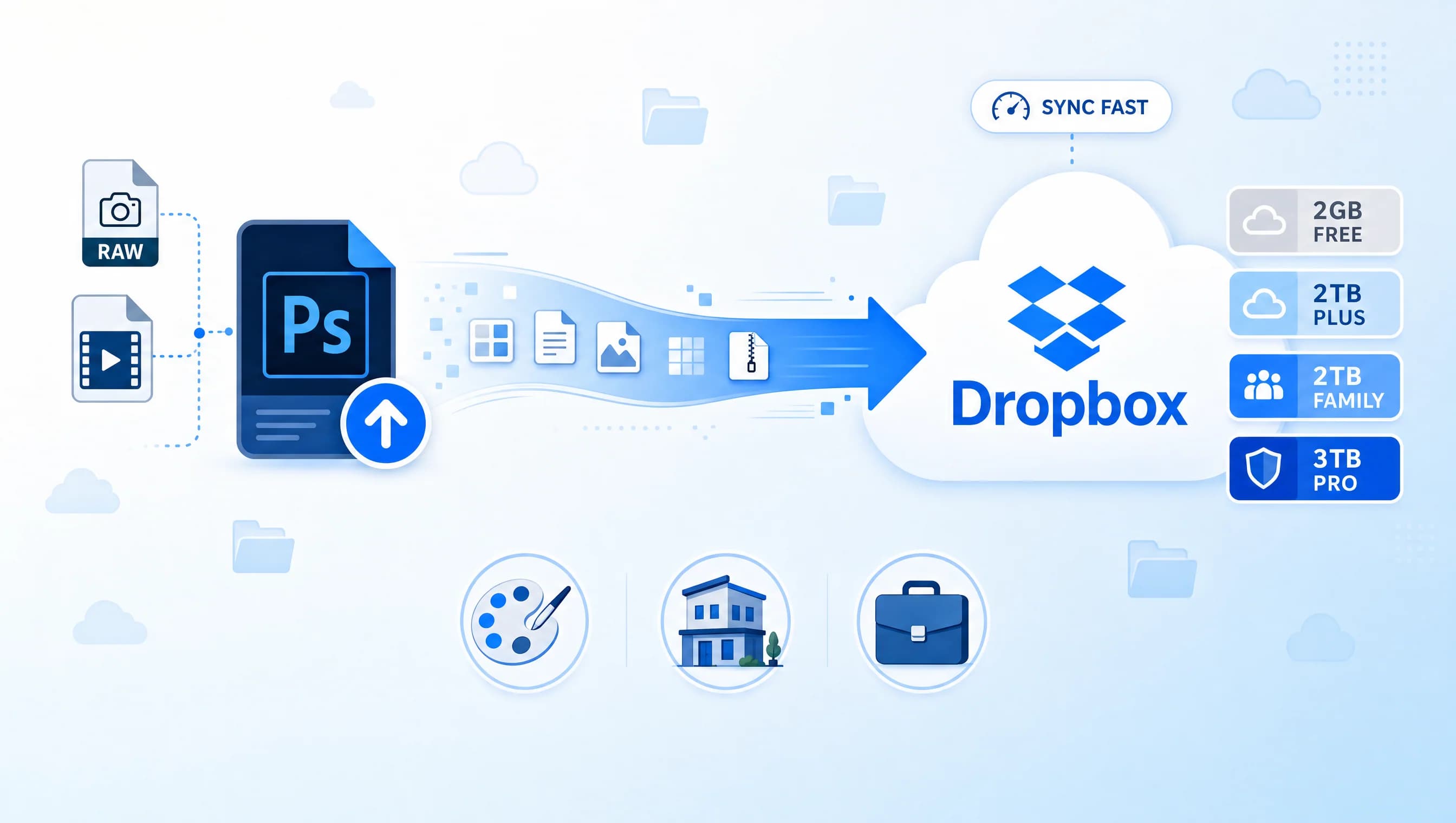 Dropbox 2026 cho freelancer Việt: PSD và video file lớn upload qua block-level sync sang Dropbox cloud với 4 tier pricing badges
