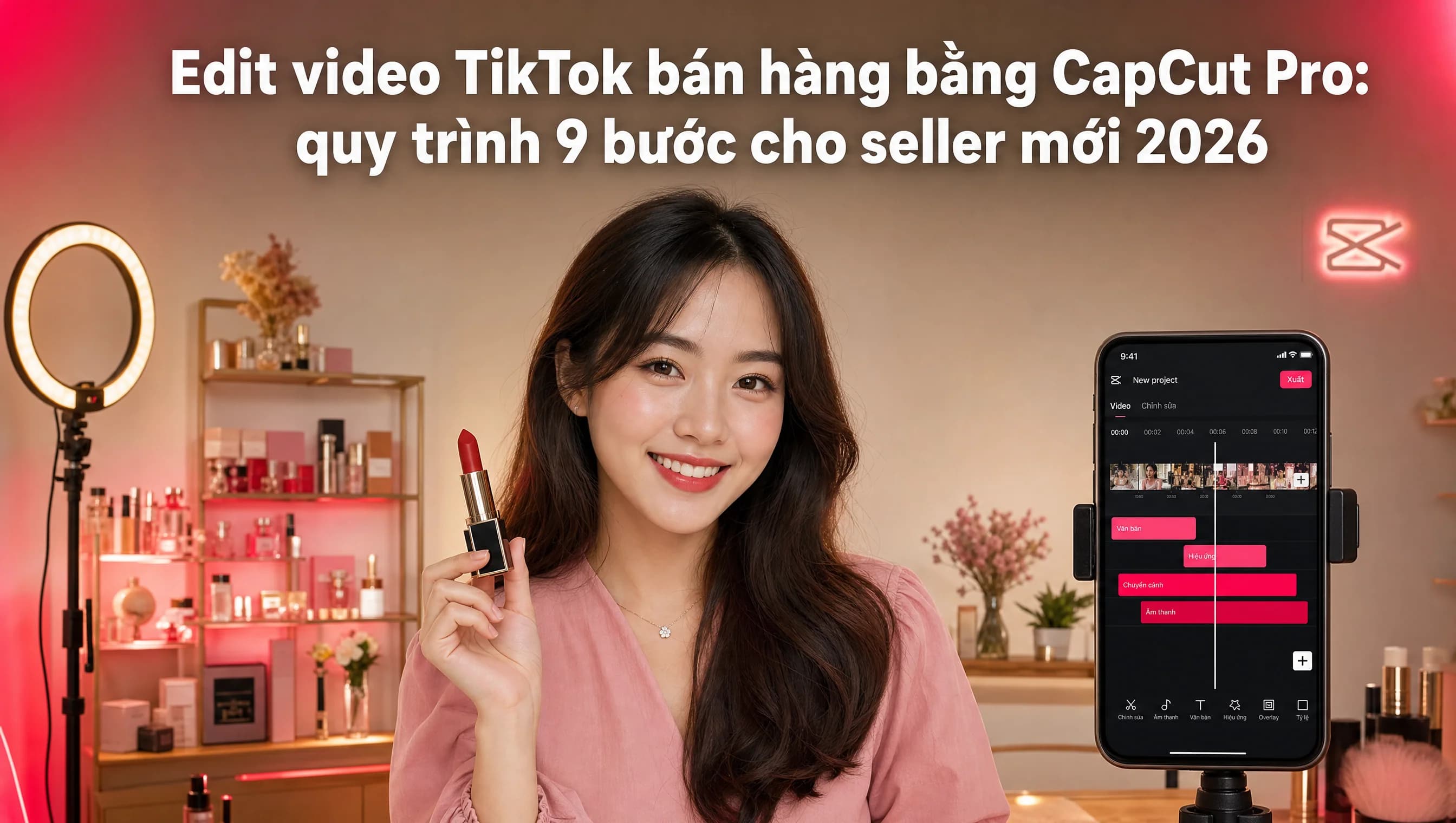 Seller TikTok Việt edit video bán hàng bằng CapCut Pro trong studio, smartphone gắn tripod quay sản phẩm