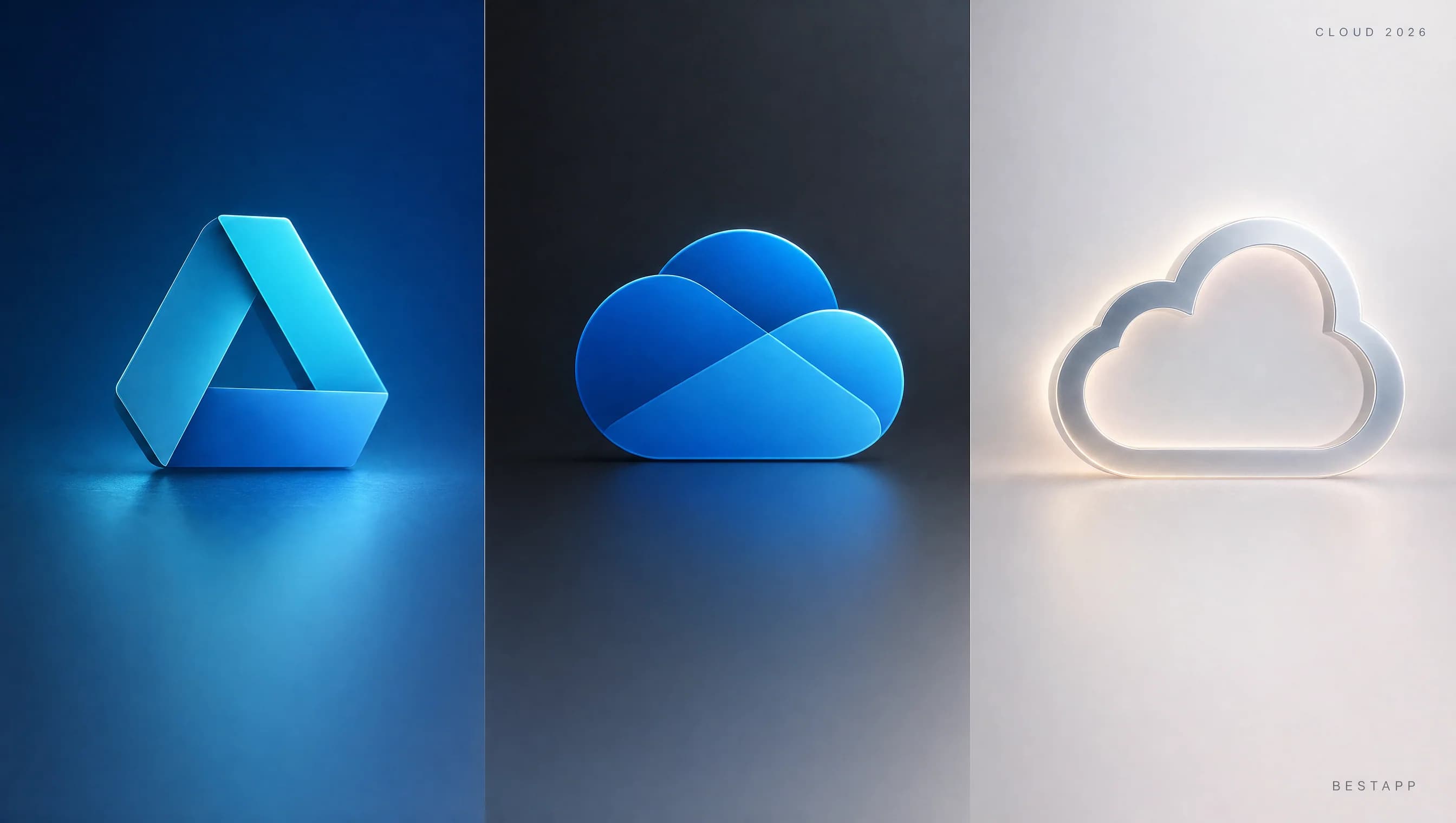 Bìa bài so sánh Google Drive OneDrive iCloud 2026 cho người Việt với 3 logo đám mây editorial