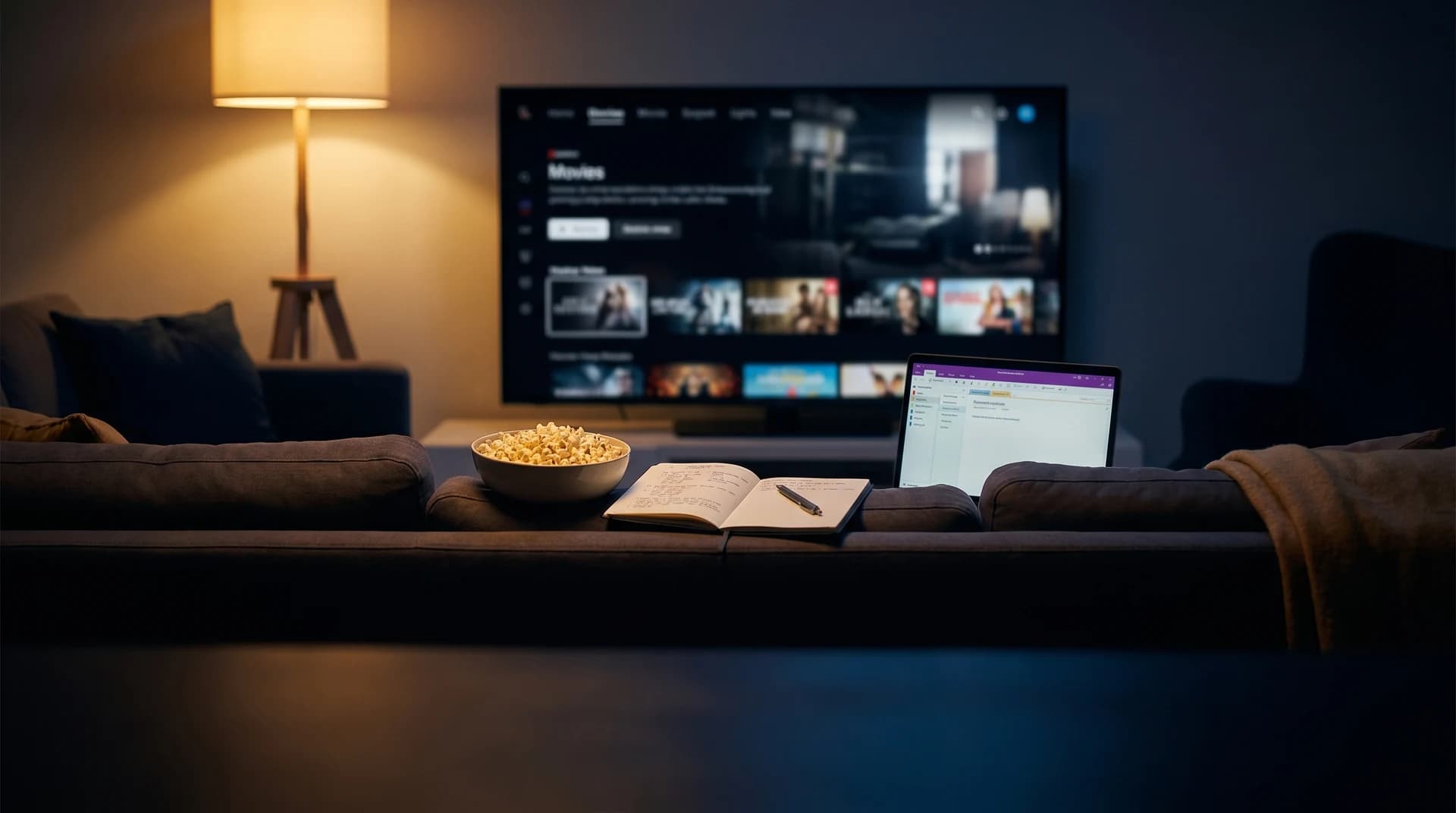 Cảnh xem phim Netflix học tiếng Anh trên TV với popcorn và laptop ghi chú từ vựng