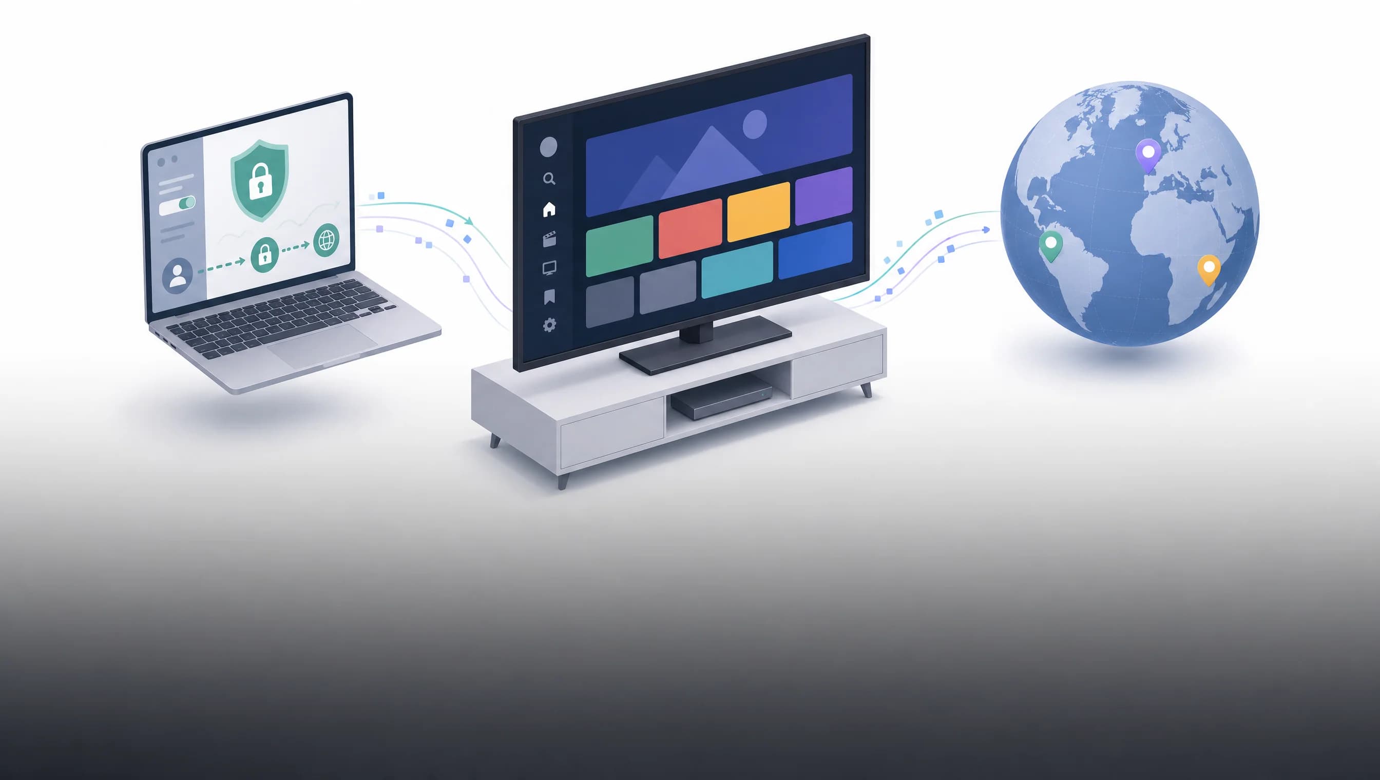 Hướng dẫn cài VPN xem Netflix US và Disney+ năm 2026: cảnh isometric TV, laptop VPN dashboard, globe pin region cho người dùng Việt