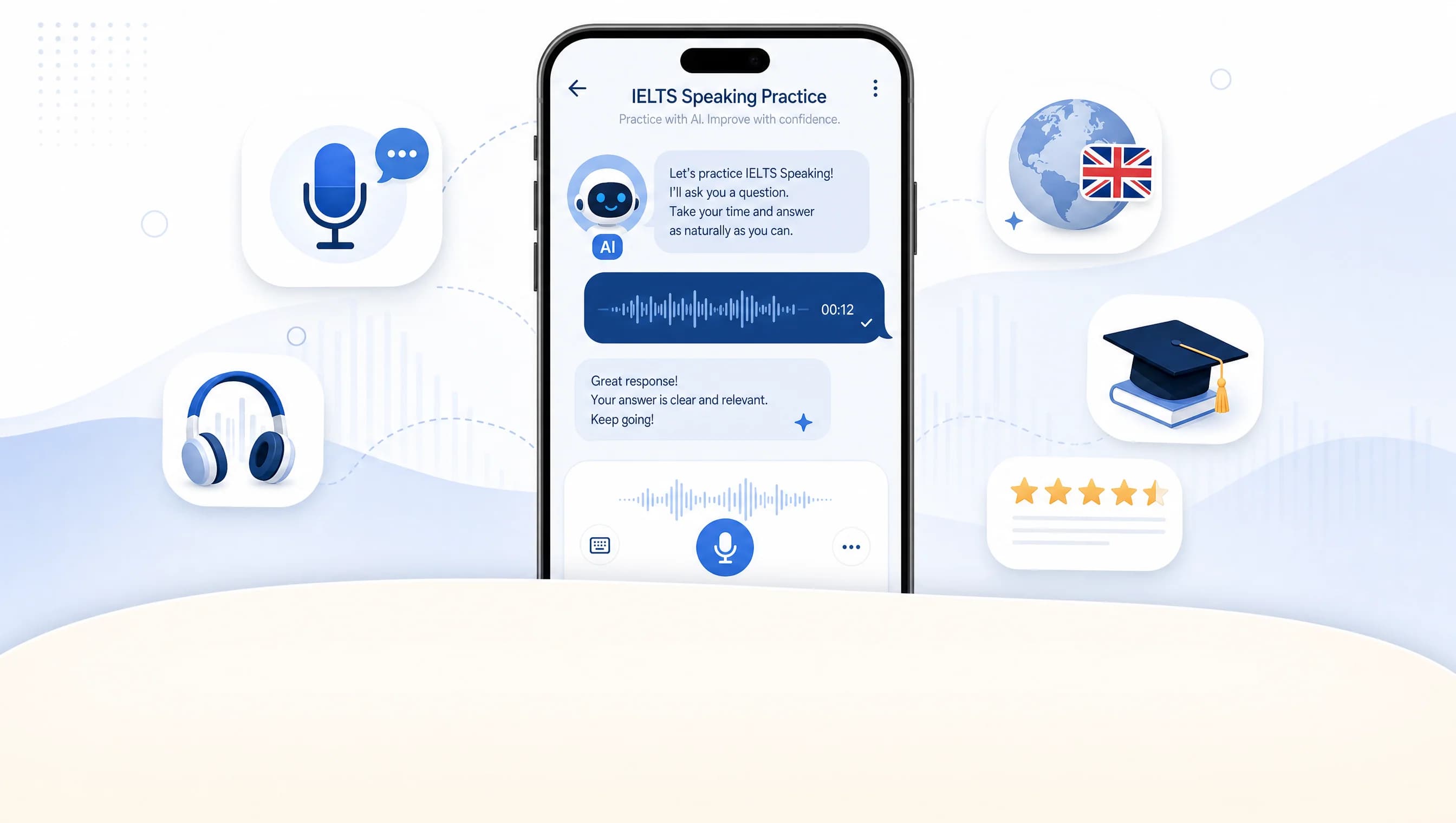 IELTS Speaking practice với AI, smartphone hiển thị chat interface với waveform âm thanh và avatar AI, biểu tượng microphone tai nghe globe quốc kỳ Anh