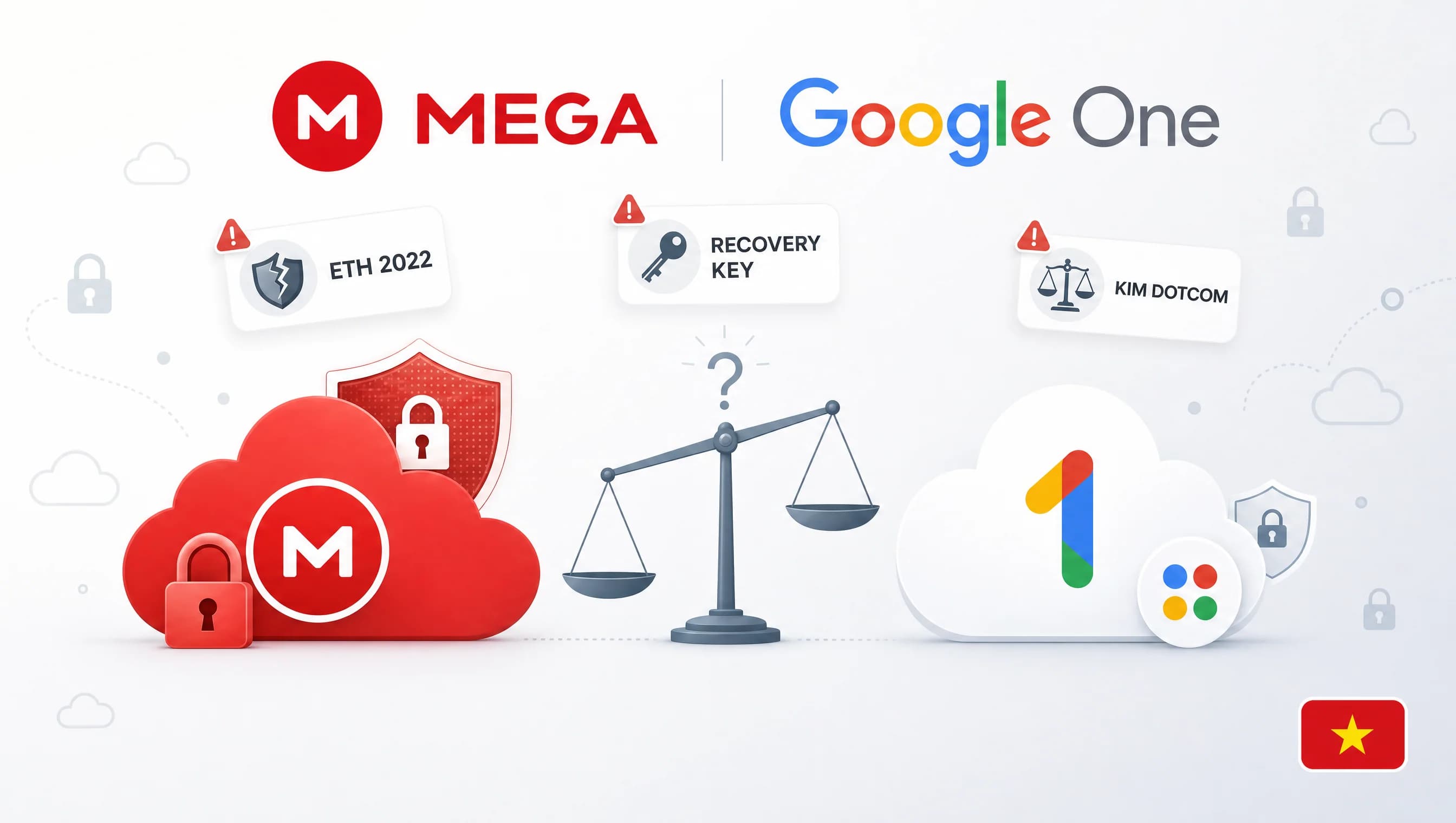 MEGA Cloud vs Google One safety: 2 cloud icon MEGA red và Google One blue với balance scale + 3 warning badges ETH 2022, Recovery Key, Kim Dotcom