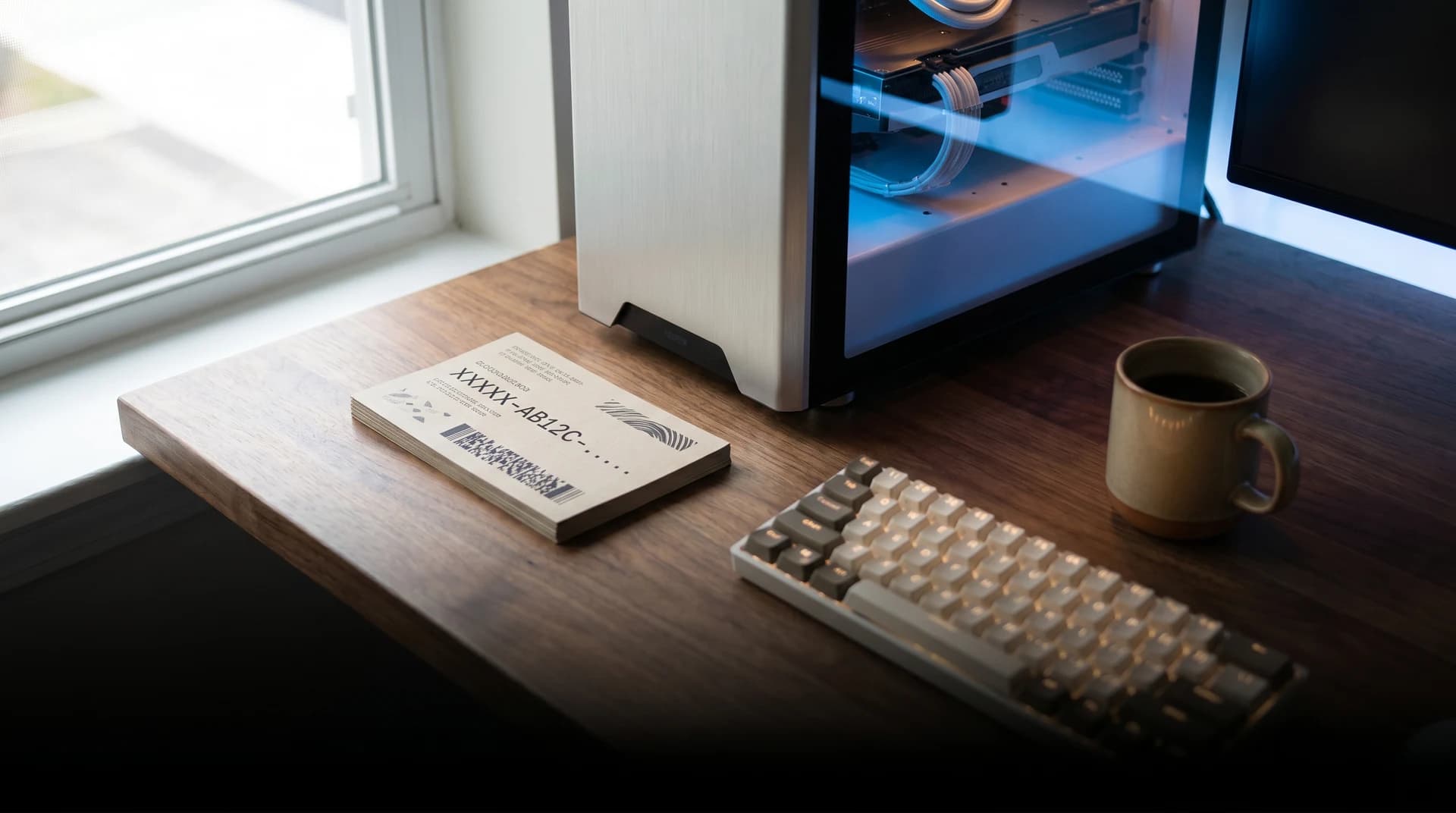Custom PC gaming với key Windows bản quyền chính hãng trên bàn làm việc