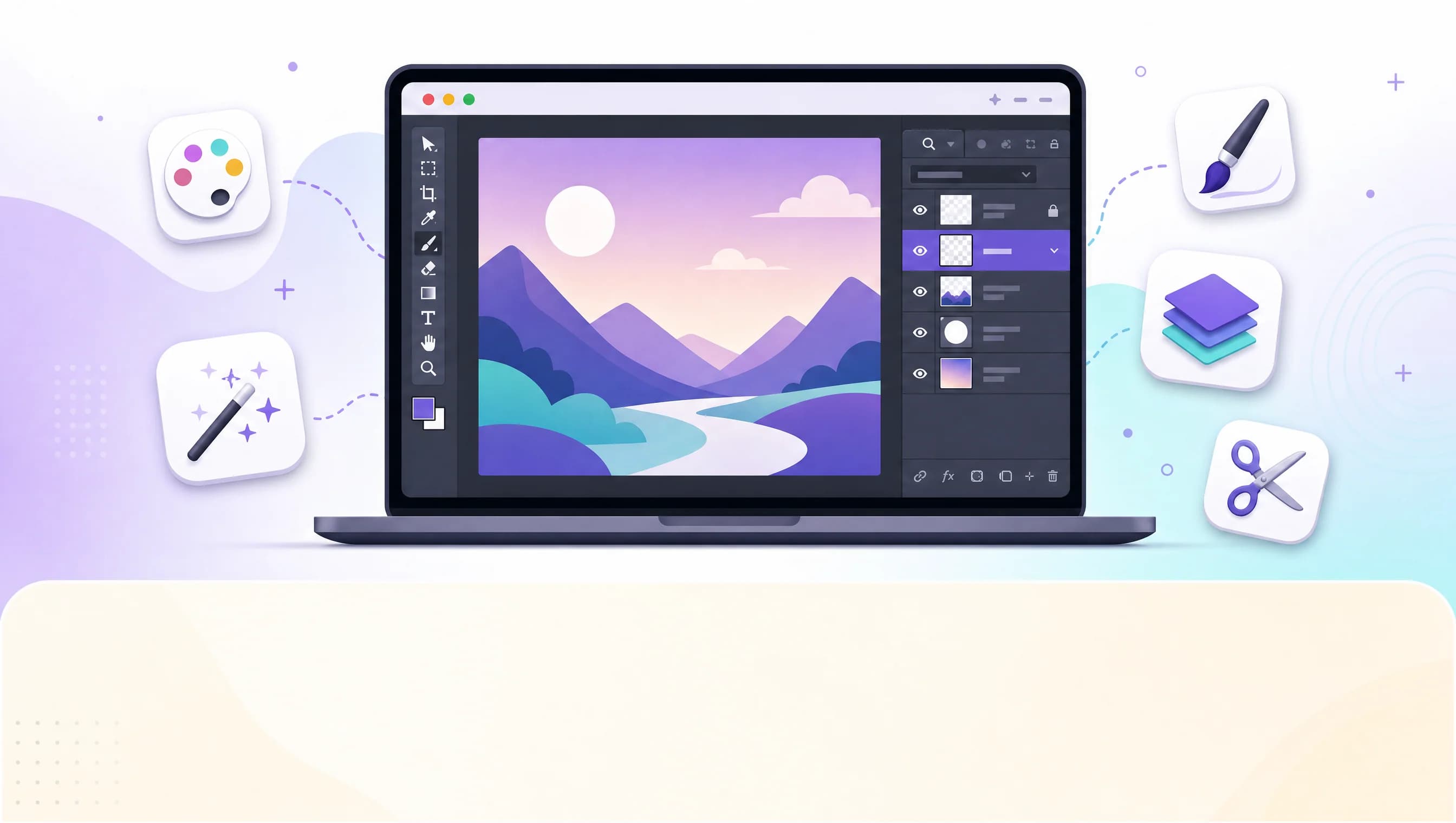 Photoshop online miễn phí, laptop hiển thị giao diện photo editor với landscape, 5 icon công cụ thiết kế xung quanh, palette tím cyan