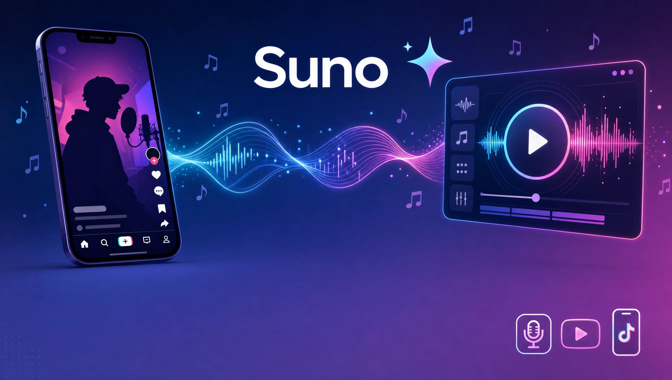 Suno AI tạo nhạc cho creator Việt: smartphone TikTok bên trái và giao diện AI music bên phải kết nối bằng sound wave, palette cyan magenta