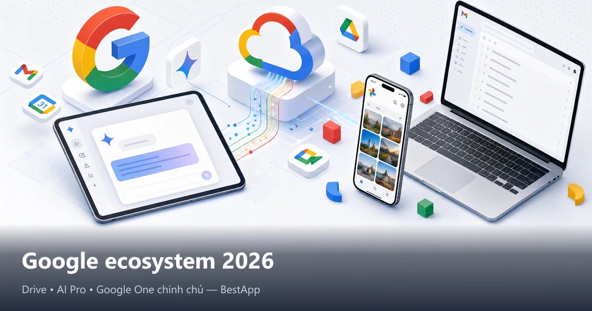 Hình minh hoạ chủ đề Google ecosystem 2026 — Drive, AI Pro, Google One